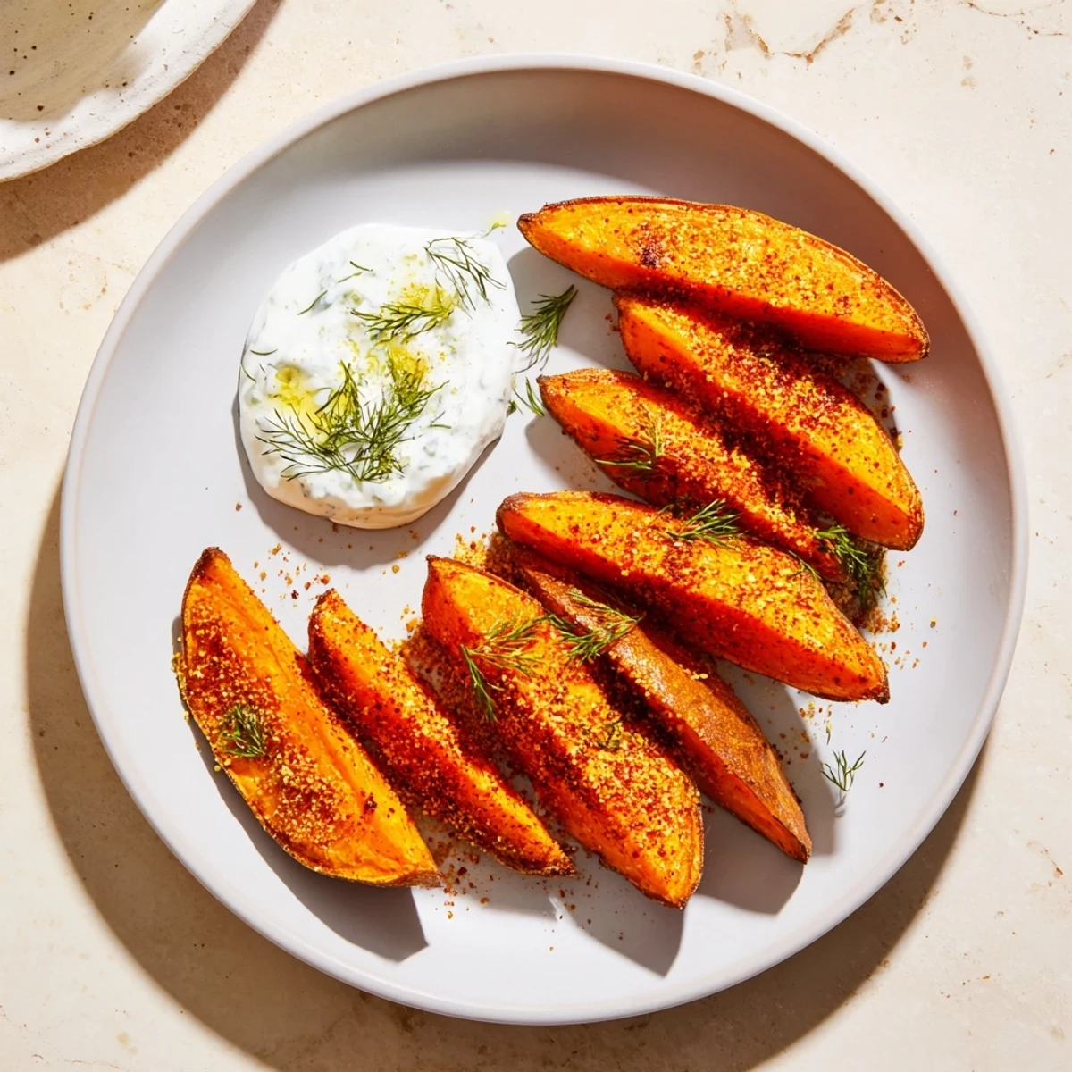 Delicious, spiced Roasted Sweet Potato Wedges with a cool, refreshing herbed yogurt dip.