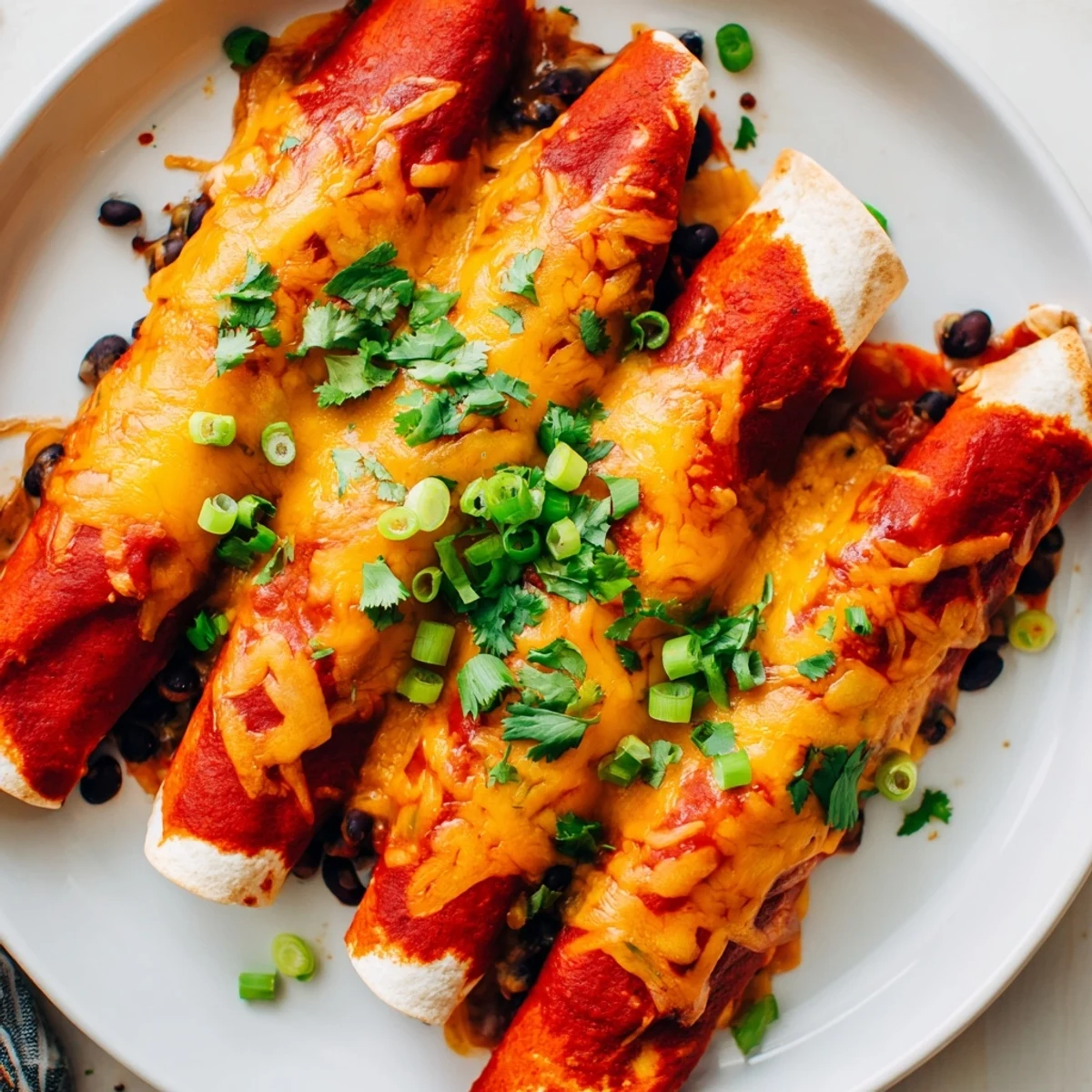 A close-up of baked Cheesy Bean Enchiladas showing melted cheese and the visible bean filling, ready to serve.