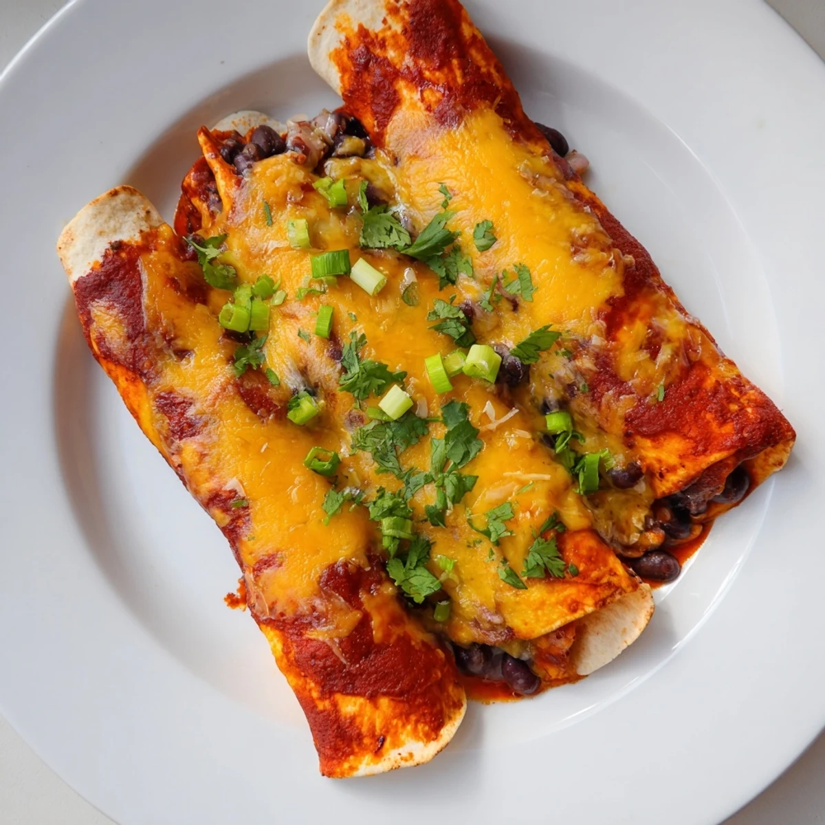 Enjoy a plate of flavorful Cheesy Bean Enchiladas with vibrant green cilantro garnish, enticing and delicious.
