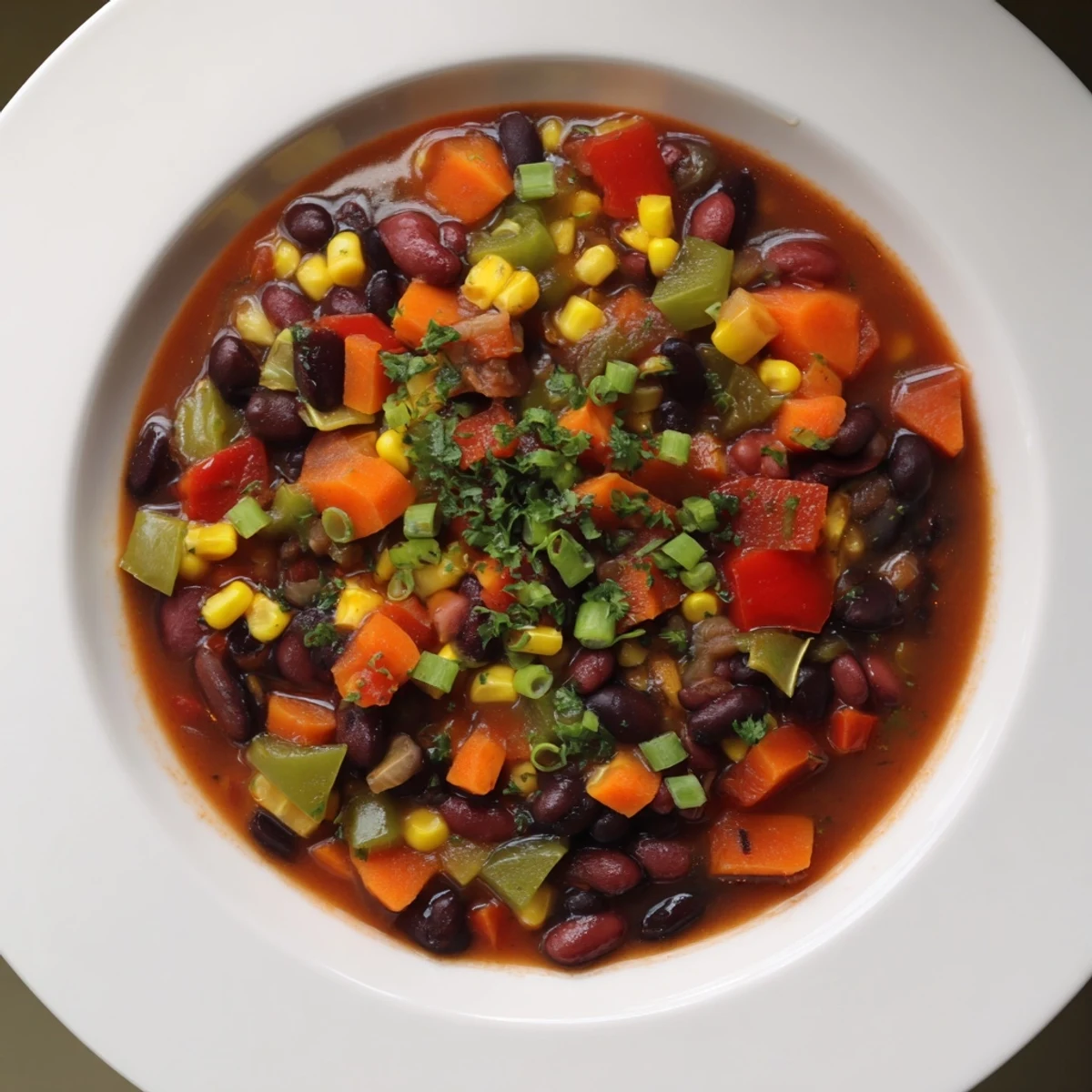 Steaming bowl of veggie chili, garnished with cilantro, ready for a delicious, comforting meal.
