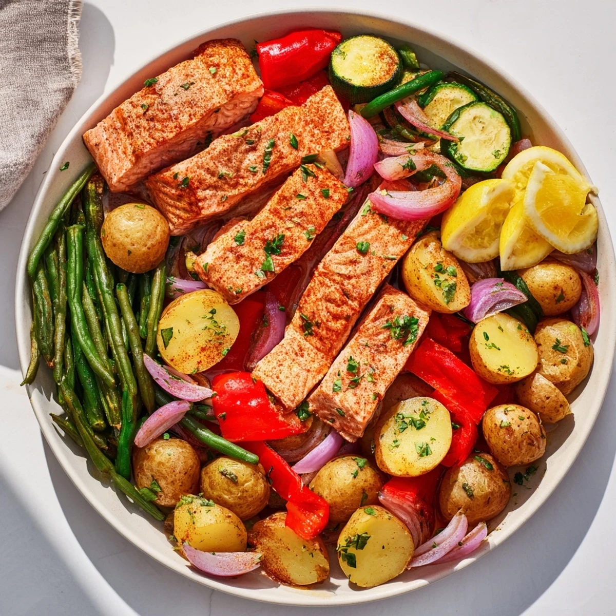 Skillet of tender salmon and veggies: savor the flavors of this easy Salmon & Potato Skillet recipe.