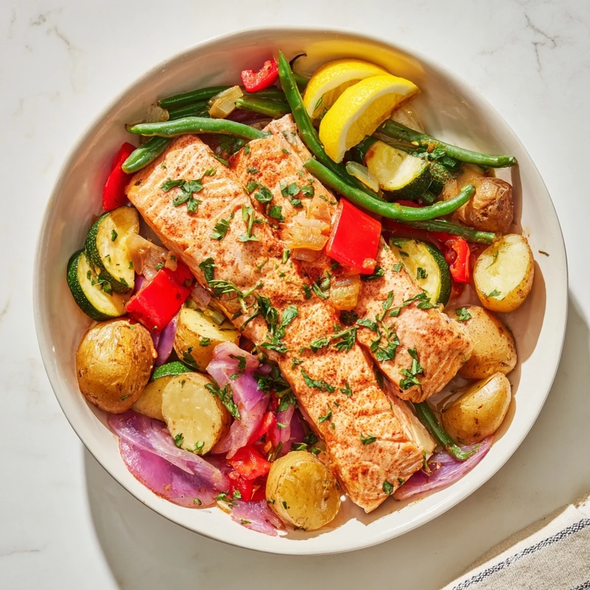 One-pan wonder: delicious Salmon & Potato Skillet with perfectly cooked salmon and vibrant vegetables.