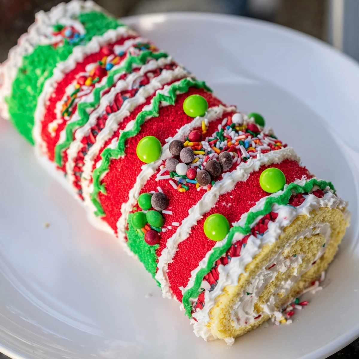 Ugly Sweater Cake Roll, bursting with colorful sprinkles and a festive, frosted design for holiday treats.
