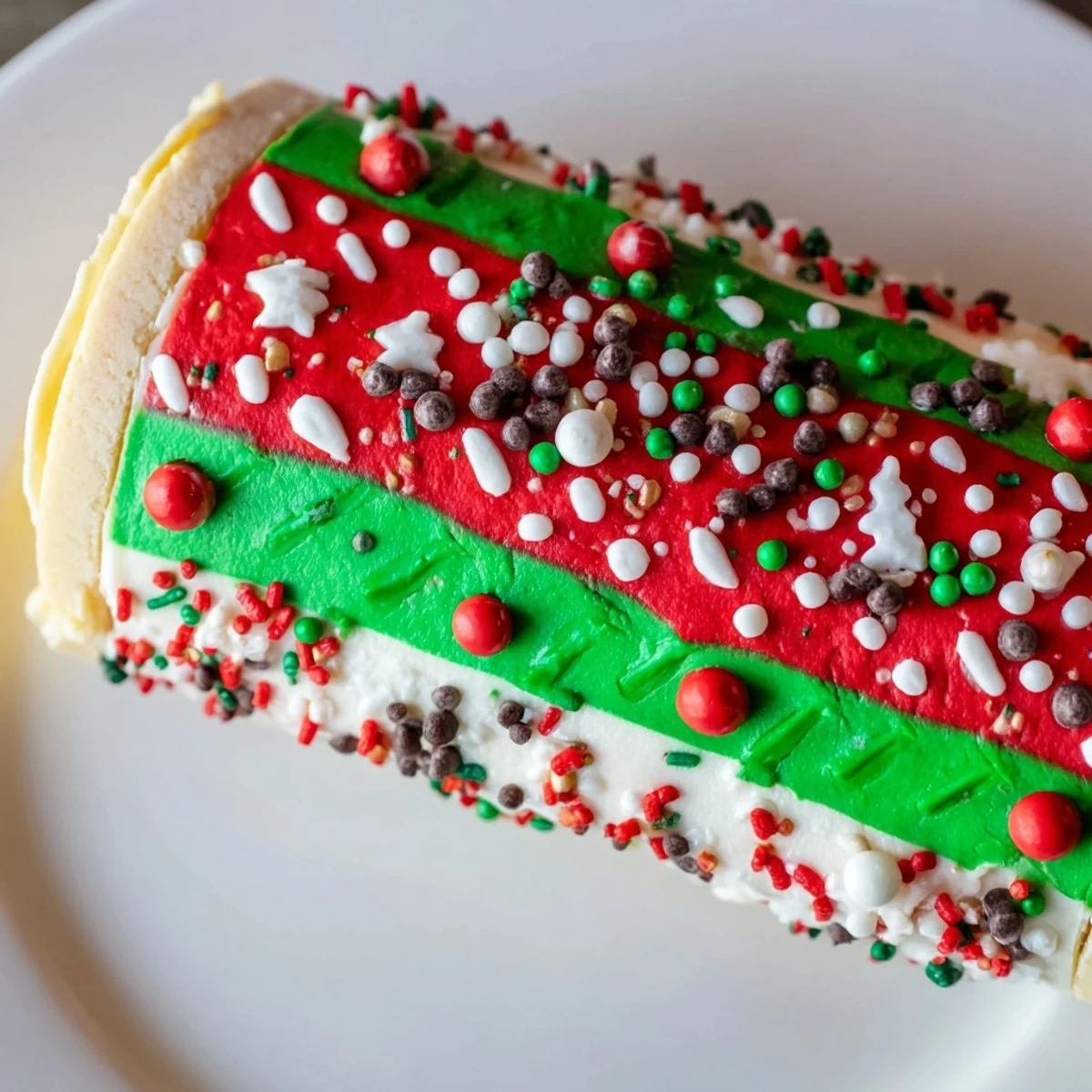 This Ugly Sweater Cake Roll showcases a close-up view of a vibrant, decorated dessert ready to enjoy.