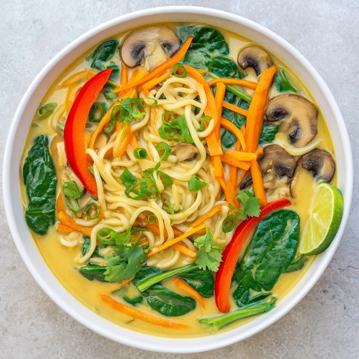A delicious serving of vegan Curry Coconut Ramen, brimming with colorful vegetables and savory broth.