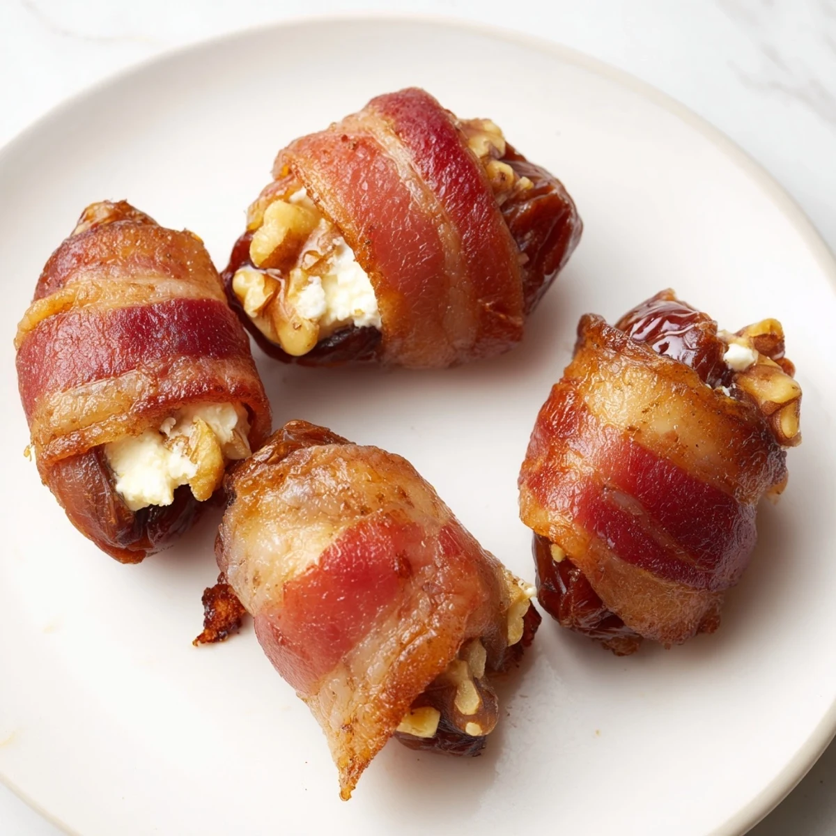 Golden brown bacon-wrapped dates stuffed with creamy cheese and nuts, a delightful appetizer.