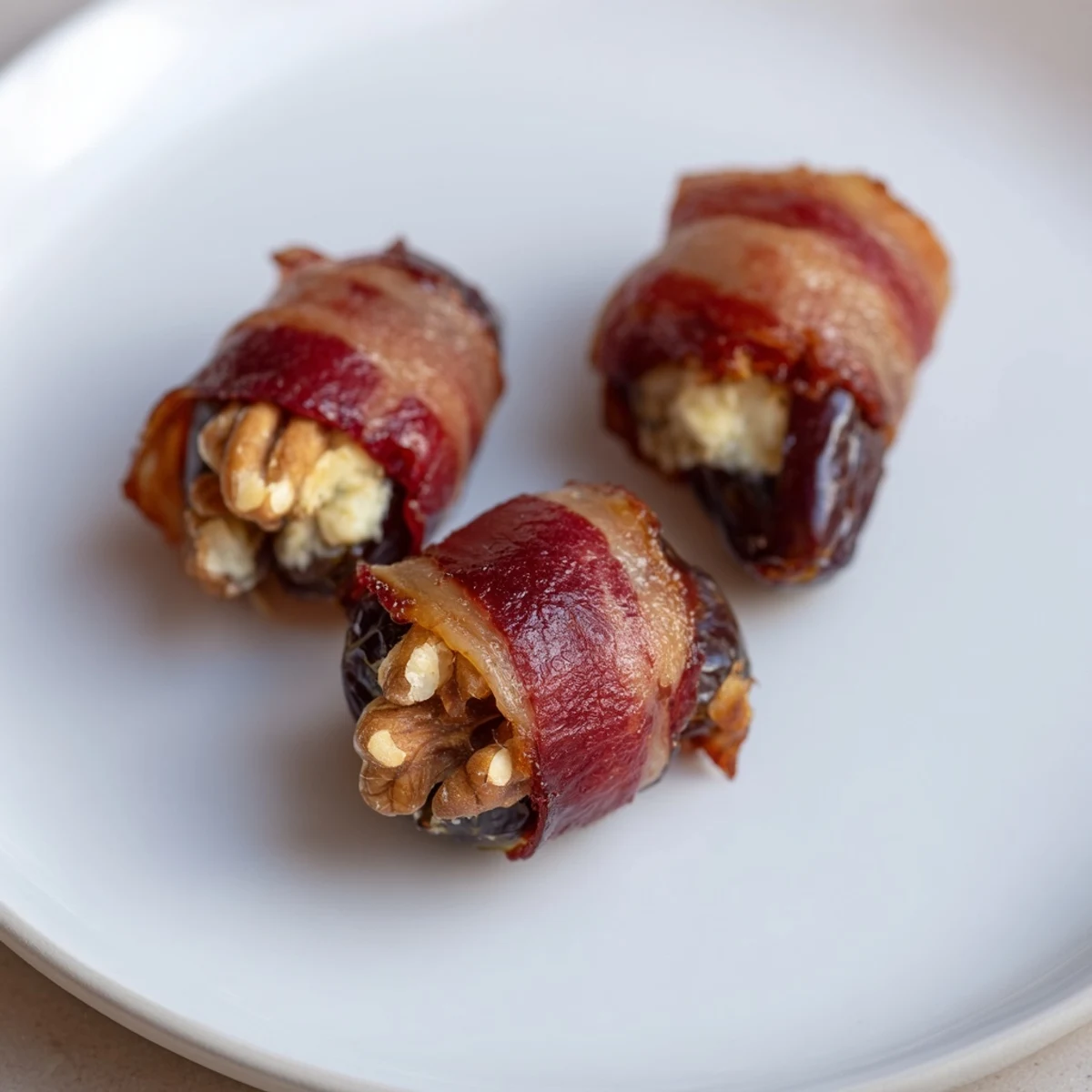 Close-up of crispy bacon on savory bacon wrapped dates with walnuts and melted cream cheese.