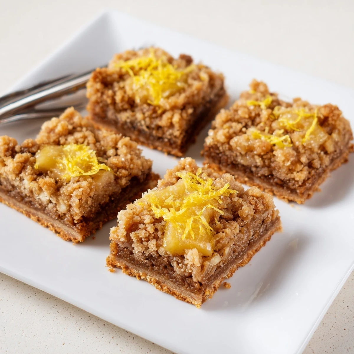 Golden-brown Lemon-Glazed Gingerbread Crumble Bars, drizzled with tangy glaze, a perfect dessert.
