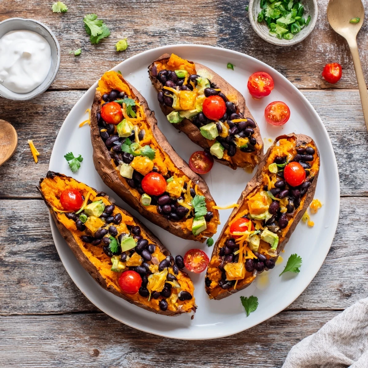 Steaming, fluffy Loaded Baked Sweet Potatoes filled with creamy avocado, perfect for a cozy dinner.