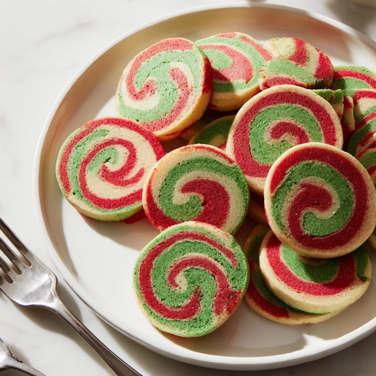 Festive holiday pinwheel cookies with red and green swirls, perfect for sharing at a winter cookie exchange.