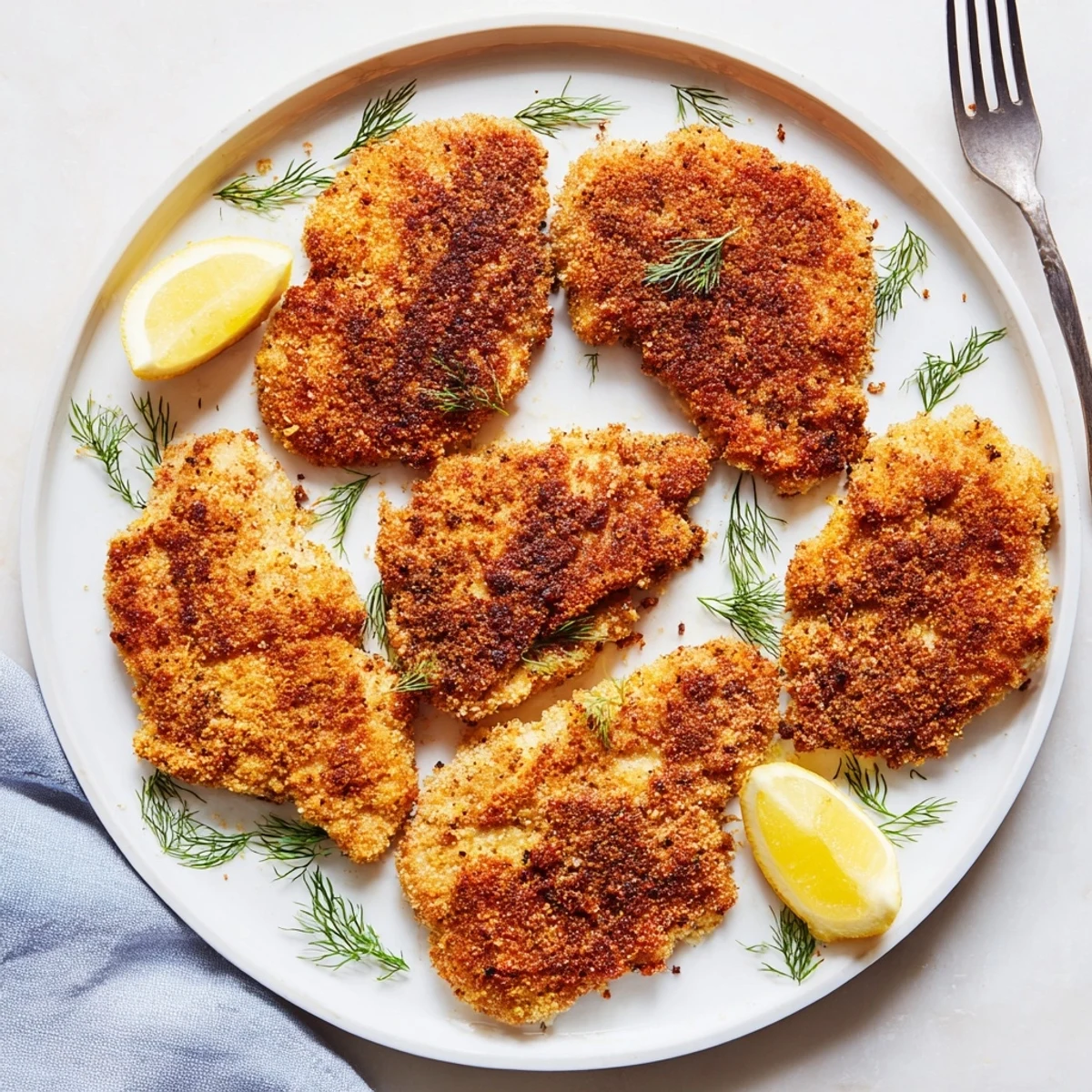 Golden, crispy Pickle-Brined Chicken Cutlets, served with fresh dill and a bright lemon wedge.