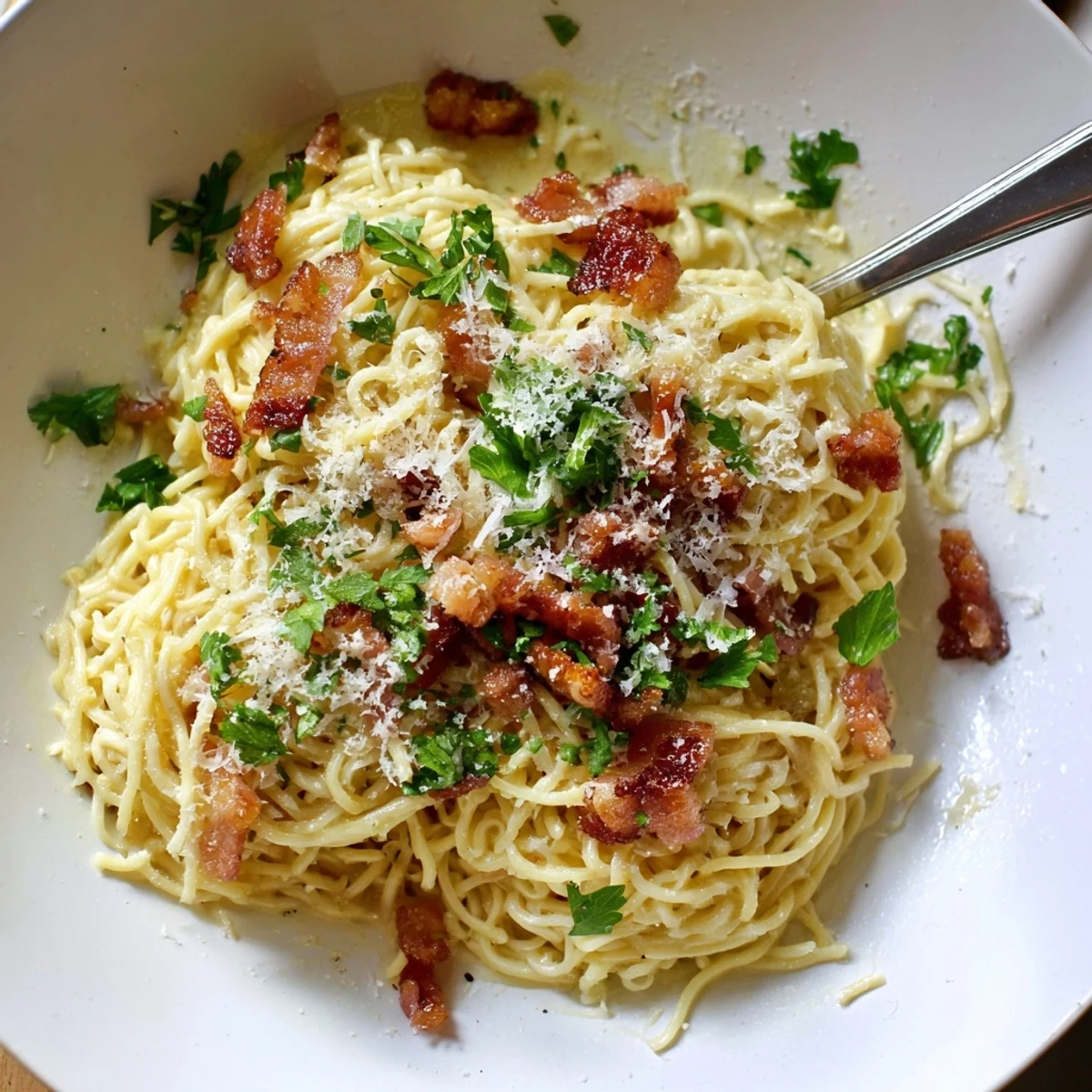 Sizzling Carbonara Ramen Fusion: Savory ramen carbonara with Parmesan cheese, Italian-Japanese fusion.