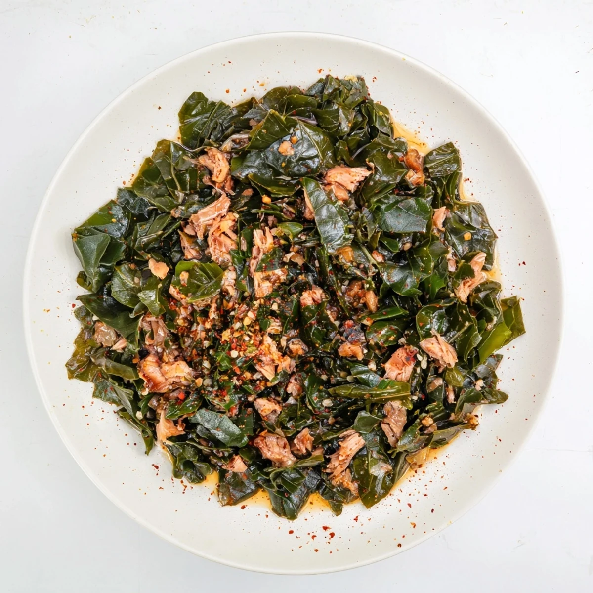 Hearty Southern collard greens with smoked turkey: ready to serve, a flavorful side dish for any meal.