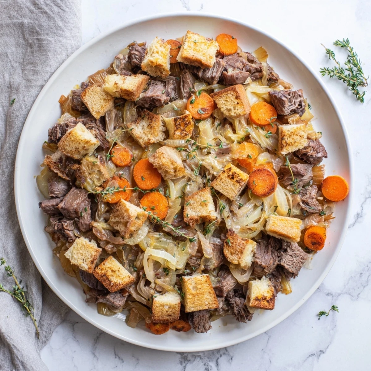 French Onion Pot Roast Casserole bubbling with melted Gruyère, a comforting blend of flavors.