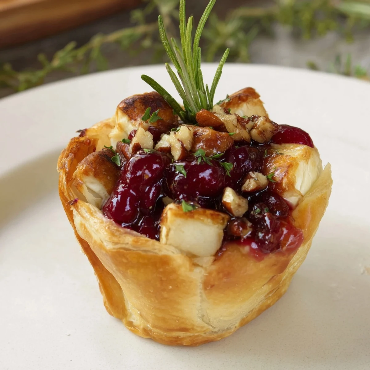 Warm, delicious Cranberry Brie Bites with herbs and nuts, a delightful party food option.