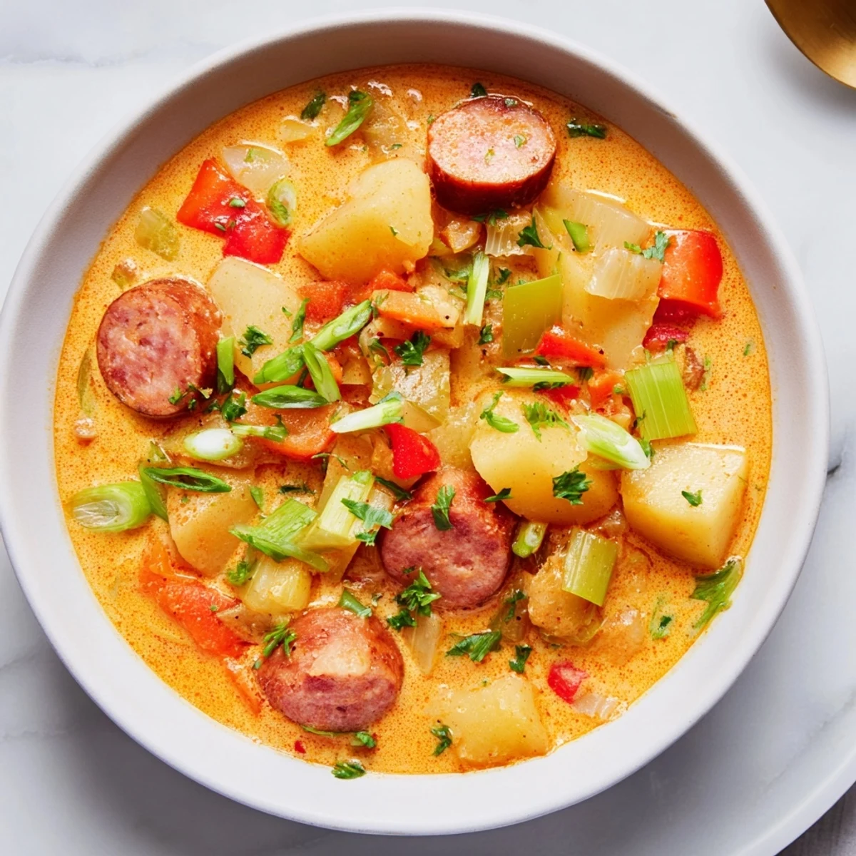 Creamy slow cooker Cajun potato soup, garnished with green onions, offers a comforting, aromatic aroma.