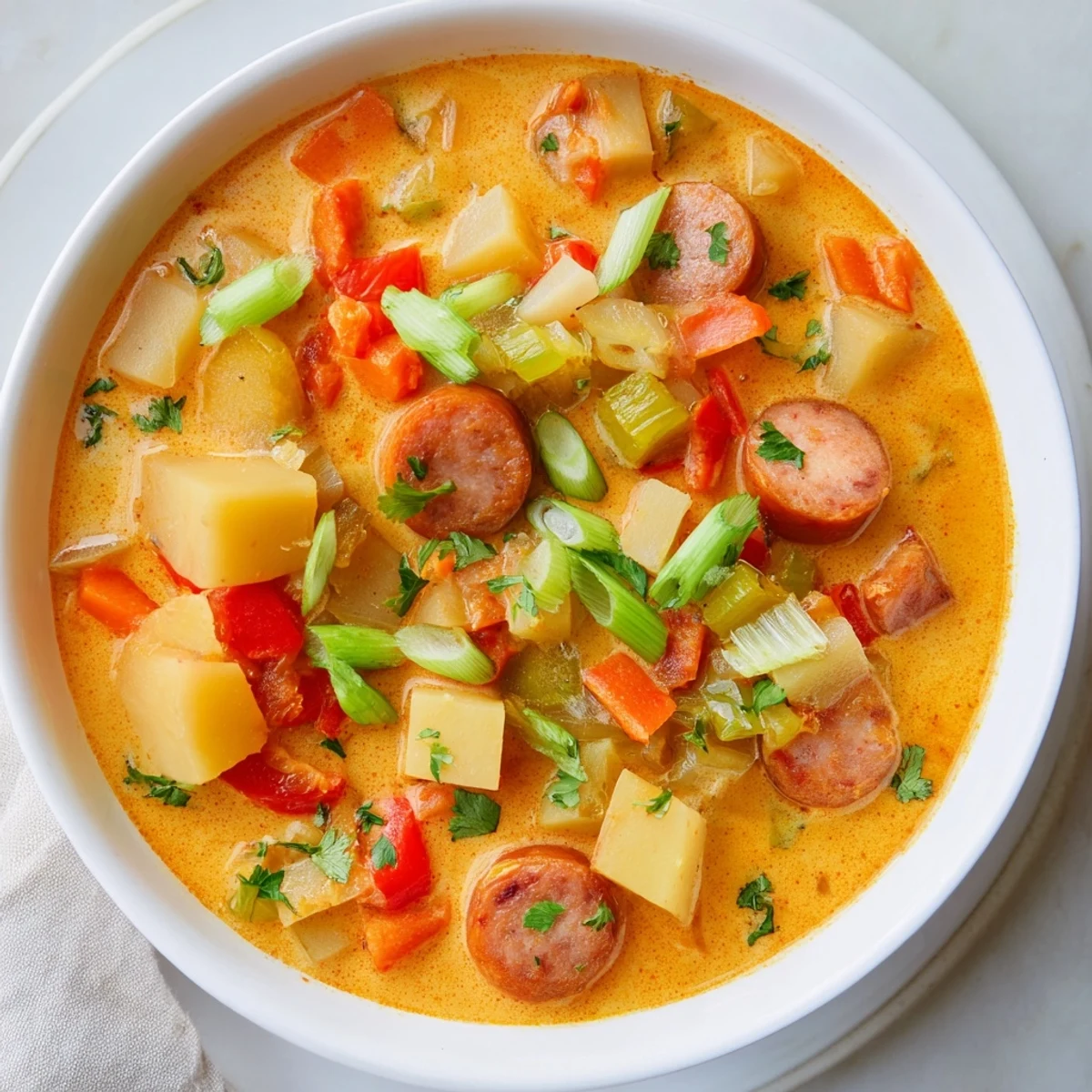 A steaming bowl of slow cooker Cajun potato soup, showcasing hearty potatoes and a vibrant blend of spices.