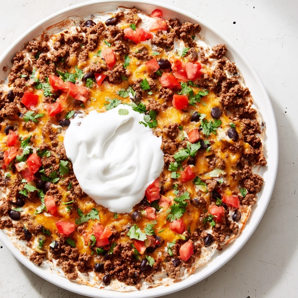 A close-up of creamy Slow Cooker Cream Cheese Taco Dip, ready to be scooped with crispy tortilla chips.
