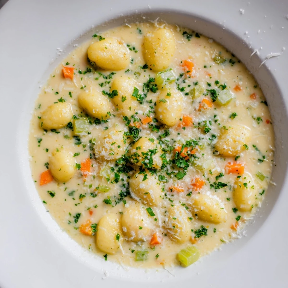 Steaming bowl of Savory Butternut Squash Gnocchi Soup, garnished with Parmesan and fresh parsley.