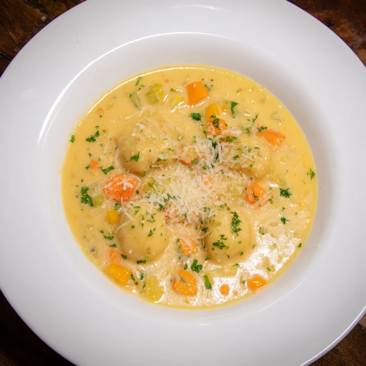 Close-up of a flavorful Savory Butternut Squash Gnocchi Soup, showcasing the tender gnocchi and veggies.