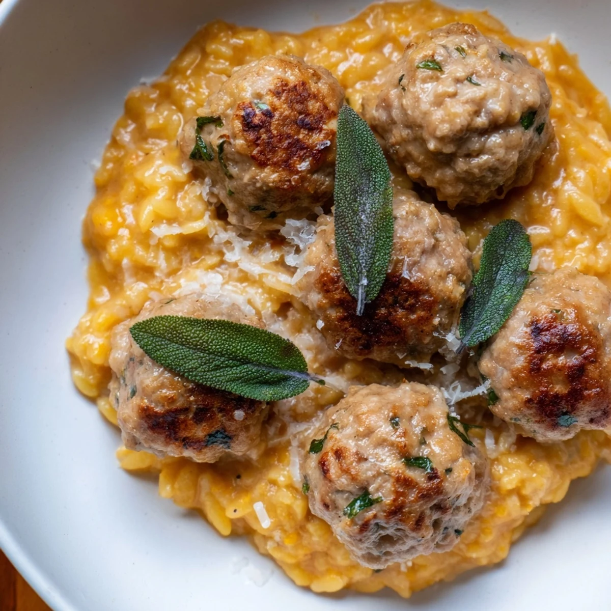 Golden-brown sage turkey meatballs nestled in vibrant pumpkin orzo, perfect for a cozy meal.