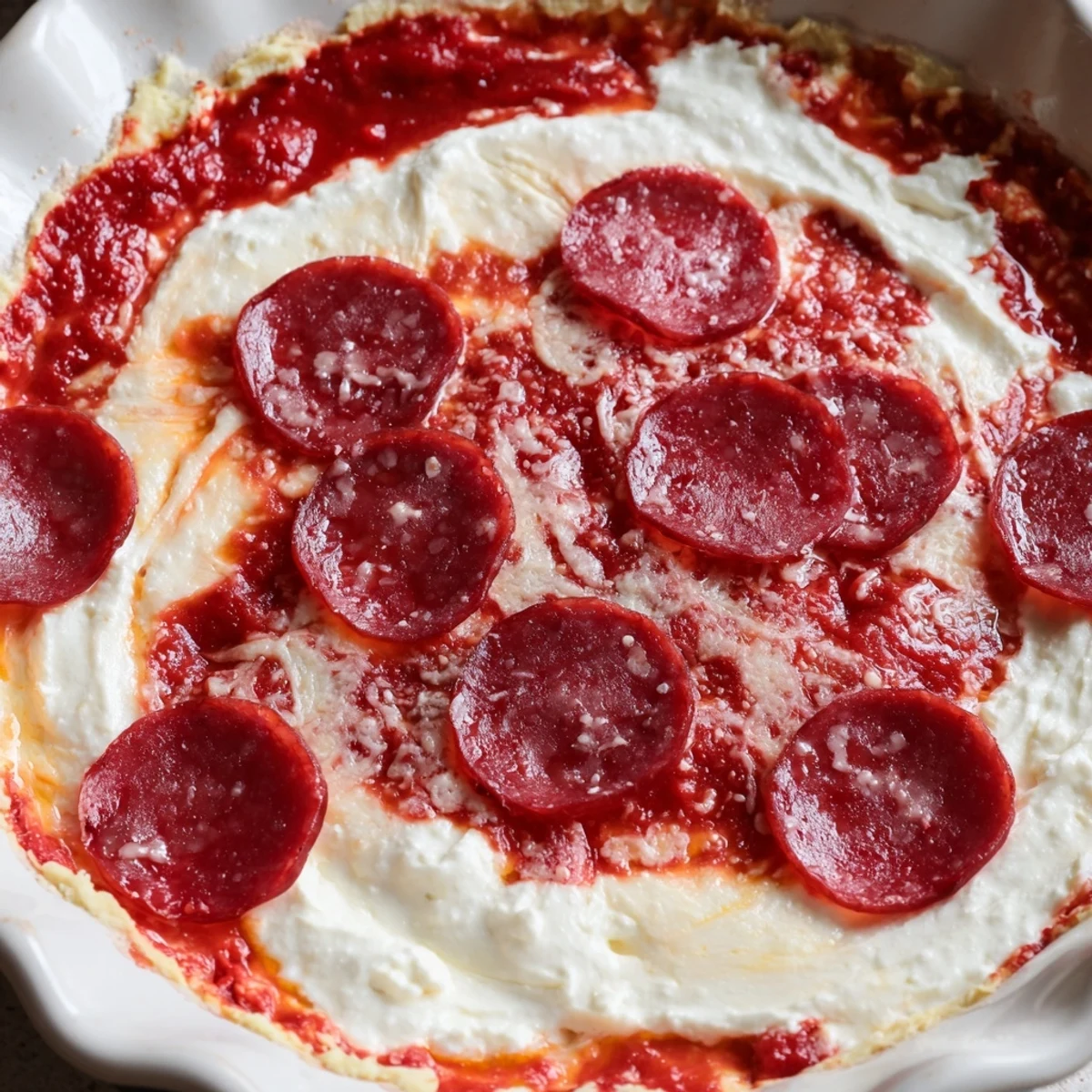 Warm and bubbly Pizza Dip, a cheesy, pepperoni-topped appetizer ready for dipping.