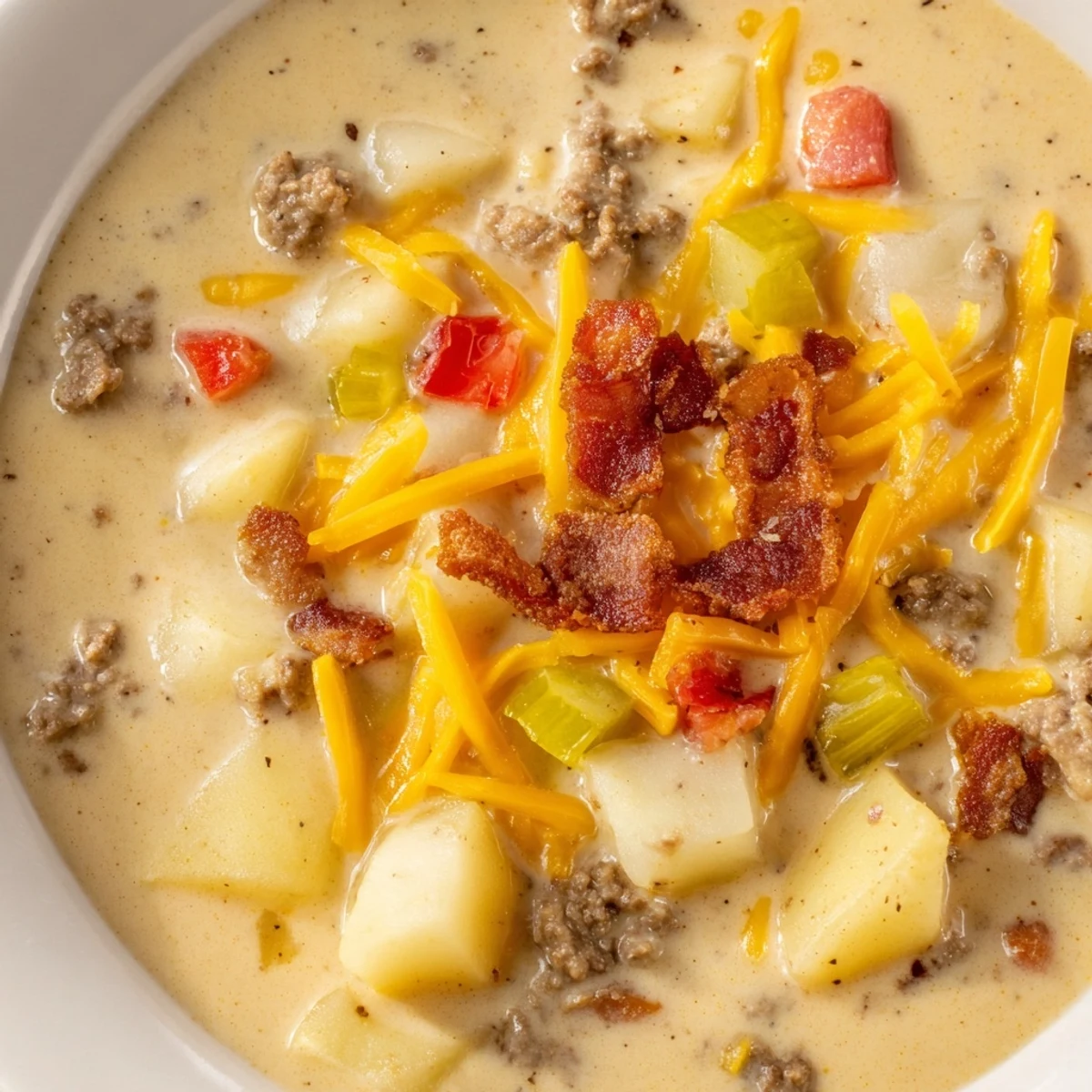 Imagine a hearty spoonful of Crockpot Cheeseburger Soup, garnished with pickles and extra cheddar cheese.