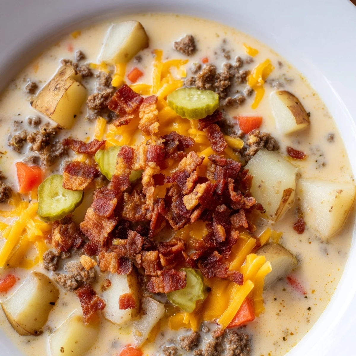 This close-up shows a comforting Crockpot Cheeseburger Soup, easily made with tender beef and cheddar.