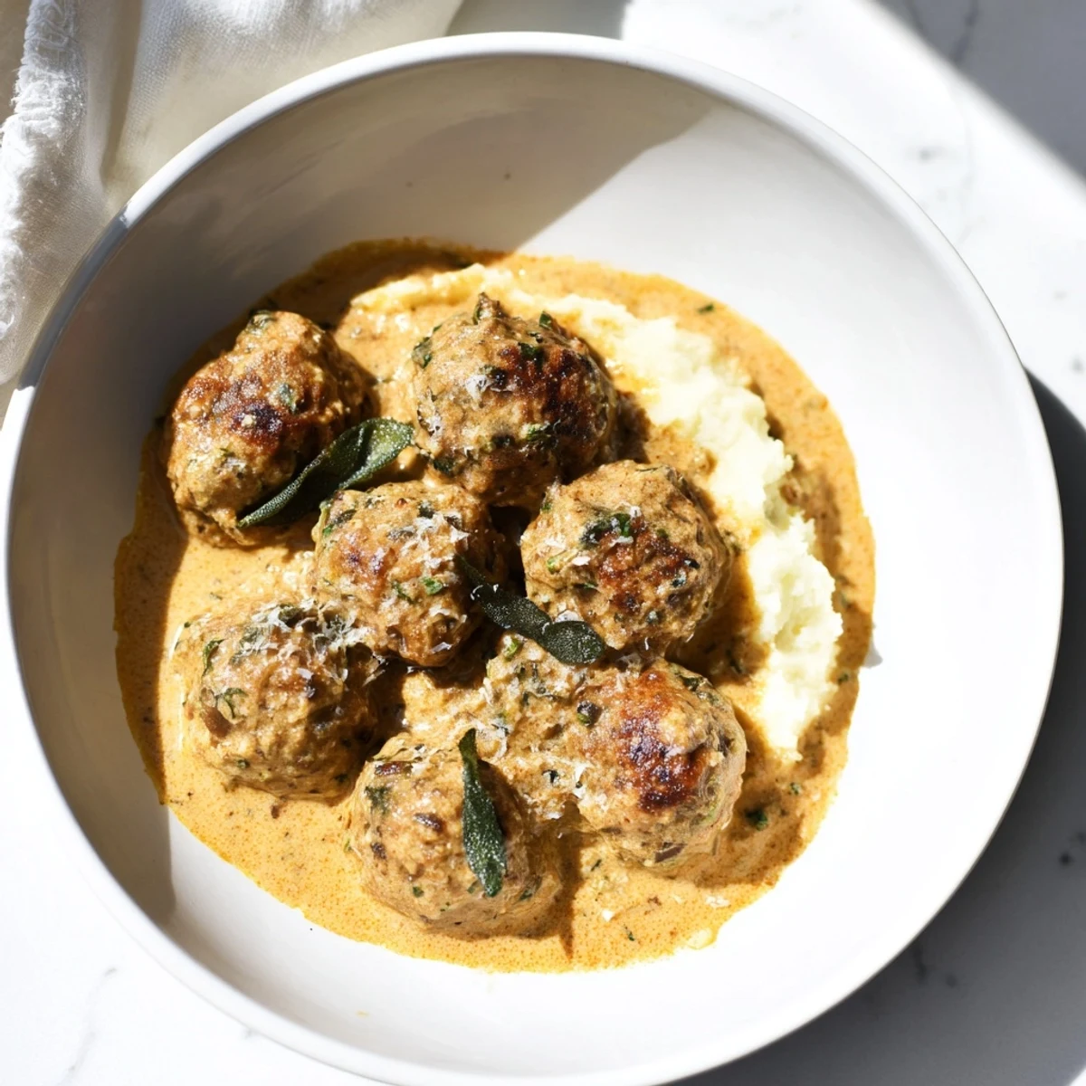 These flavorful turkey meatballs are swimming in pumpkin sage sauce, with fresh herbs for garnish.