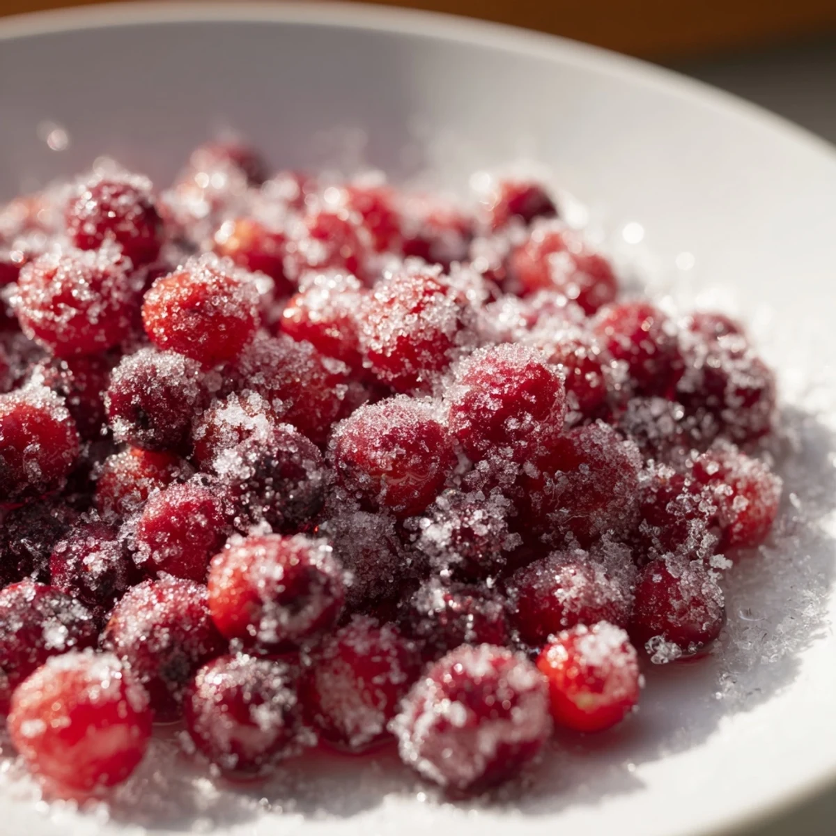 Sweet and tart 5-Minute Express Candied Cranberries, a perfect festive treat coated in sparkling sugar crystals.