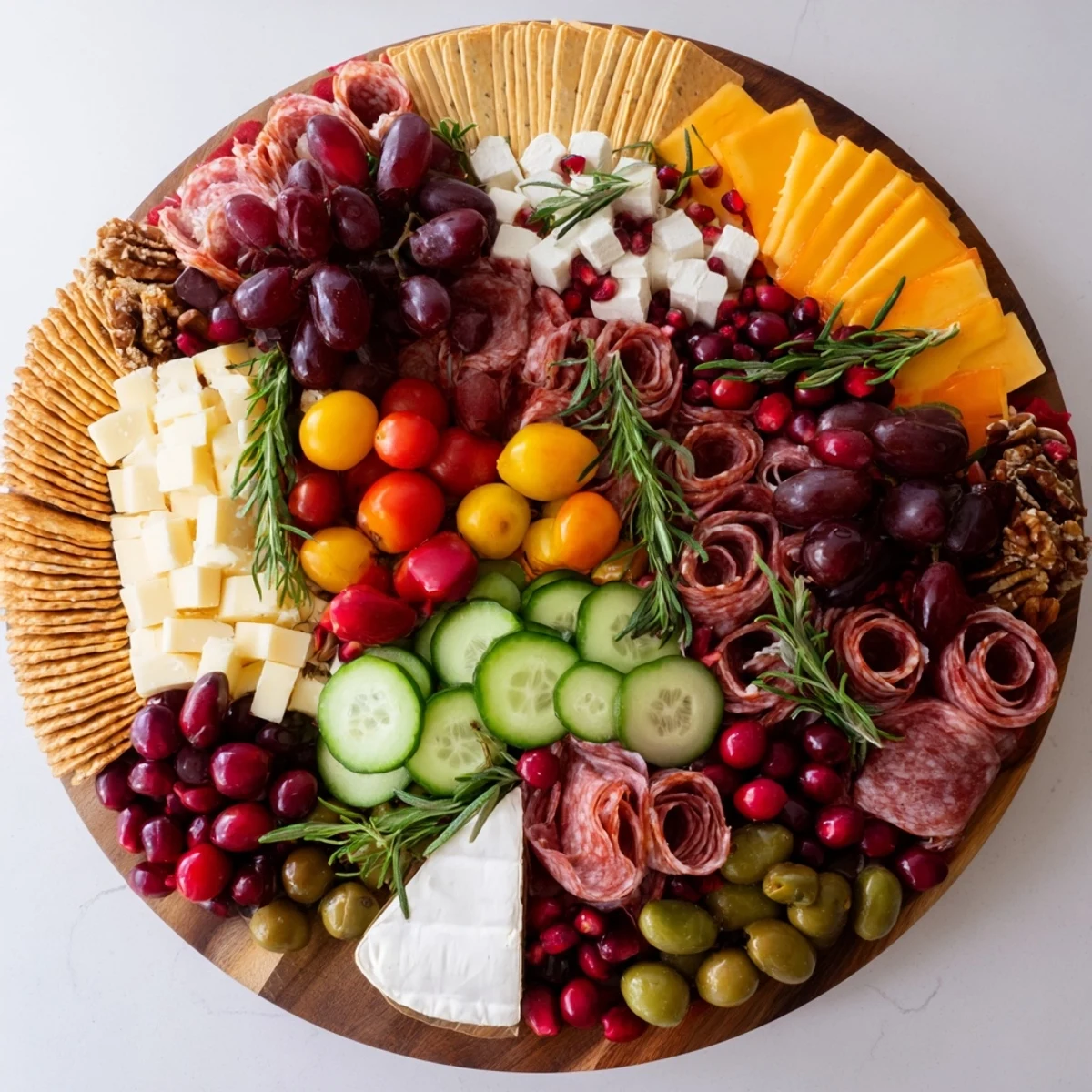 Vibrantly colorful Quick Christmas Charcuterie Wreath Board featuring grapes, cheeses, and rosemary sprigs for a festive look.
