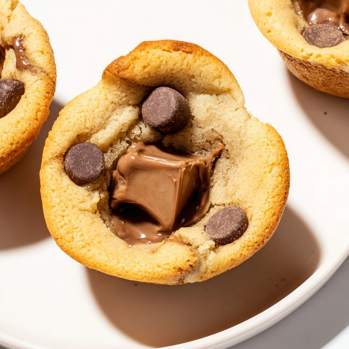 Golden-brown air fryer gooey cookie cups, perfectly soft with melting chocolate centers, ready to enjoy.