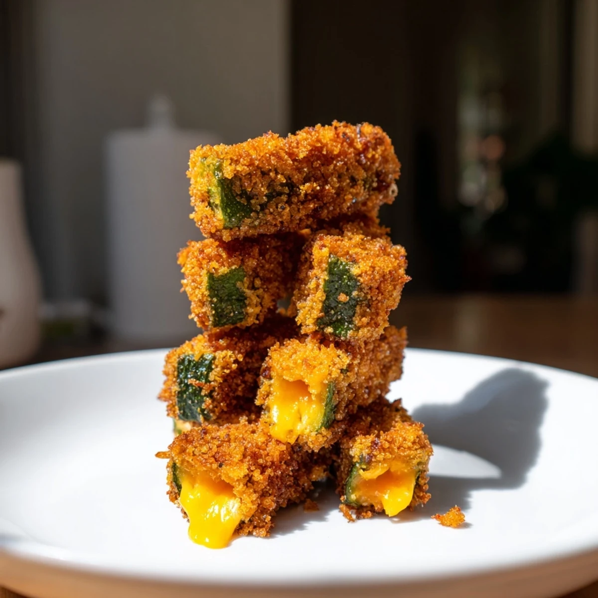 Close-up of golden-brown, crispy cheese-wrapped pickle ornaments, enticing and perfect finger food!