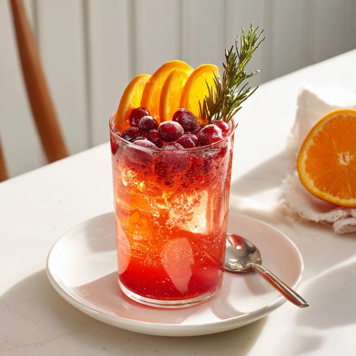 Vibrant Snow Globe Mocktail with floating cranberries, citrus slices, and a fizzy, refreshing look.