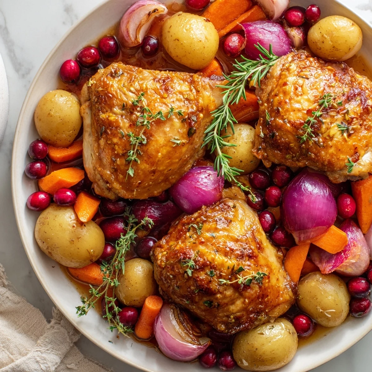 Golden-brown One-Pan Olive Oil Roast Chicken with bright red cranberries and tender vegetables.