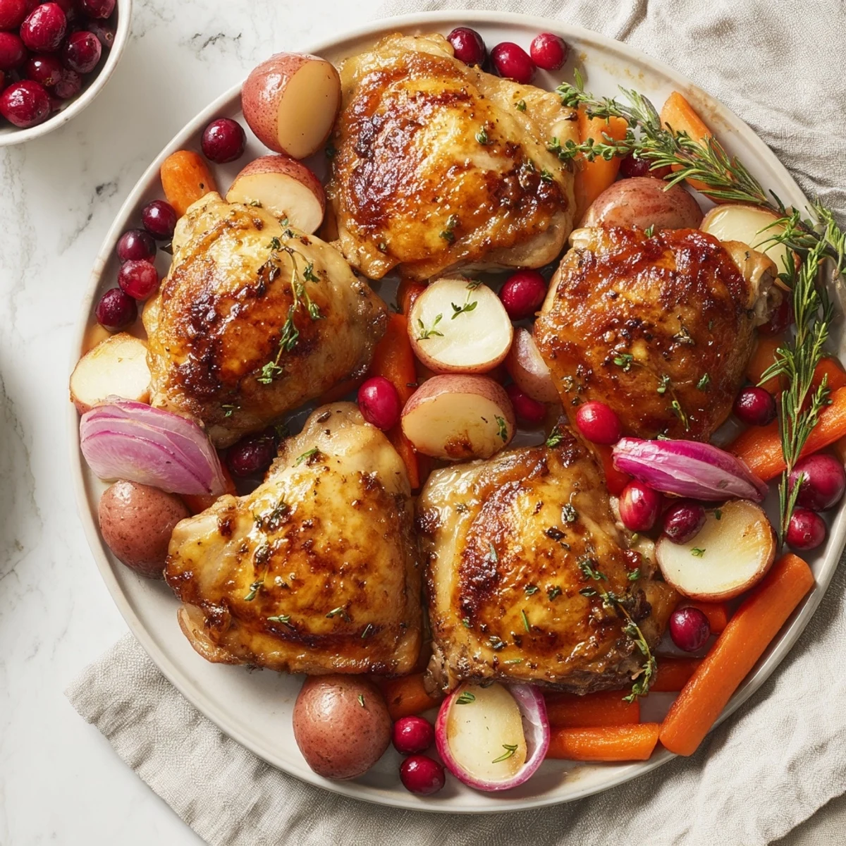 A close-up view of the flavorful One-Pan Olive Oil Roast Chicken, a hearty, easy American meal.