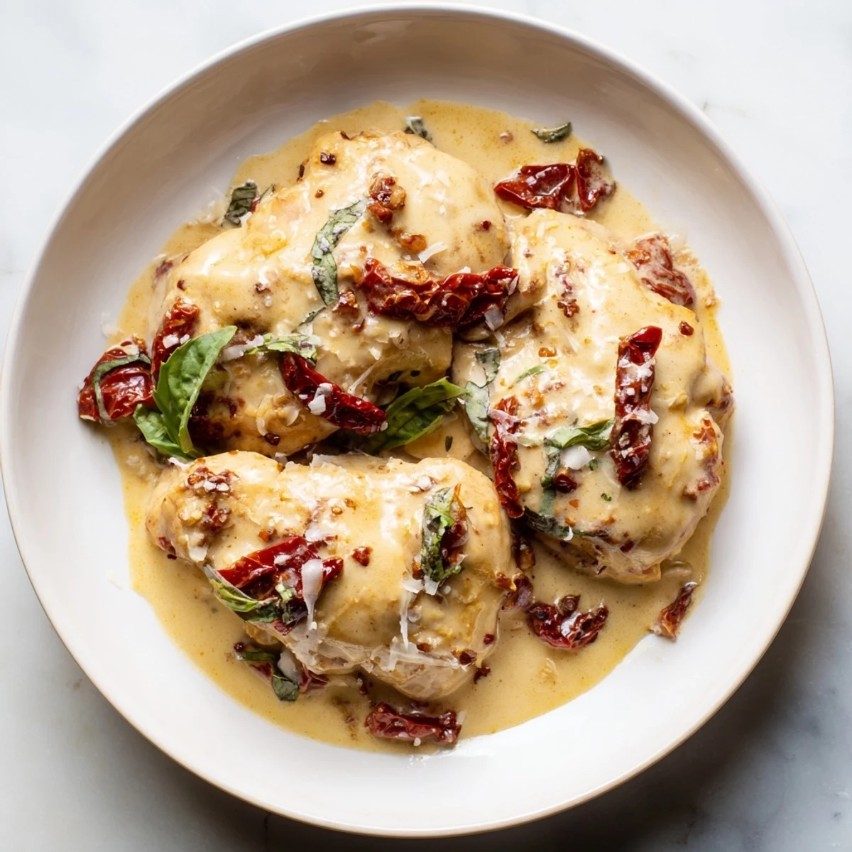 Marry Me Chicken Thighs glistening with creamy sauce, ready to serve with fresh herbs for flavor.