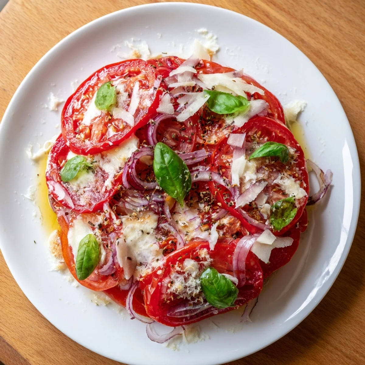 Golden, bubbly Speedy Feta-Free Tomato Bake, perfect for a vegetarian meal with crusty bread.