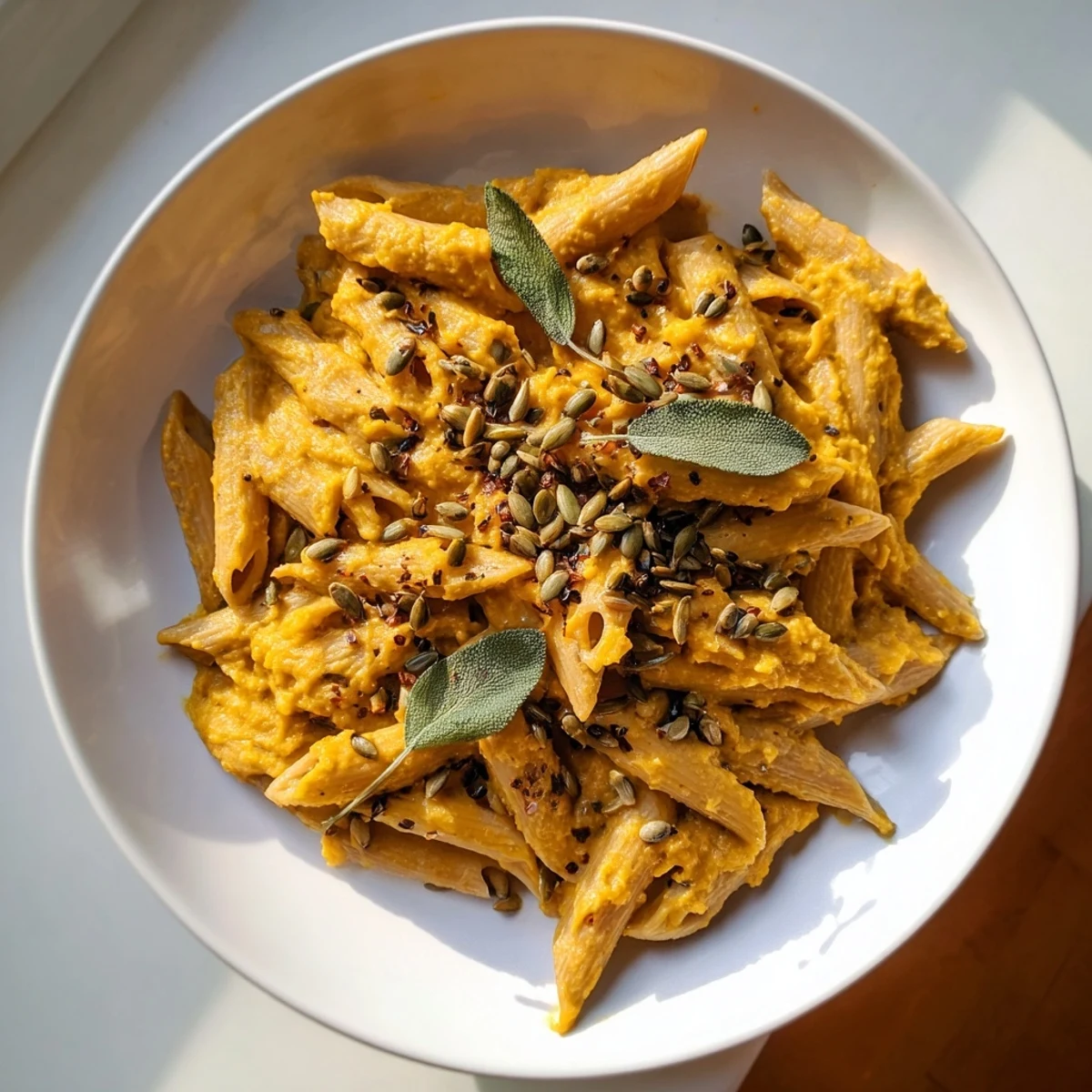 Steaming Vegan Creamy Pumpkin Pasta, garnished with fresh sage, ready for a delicious dinner.