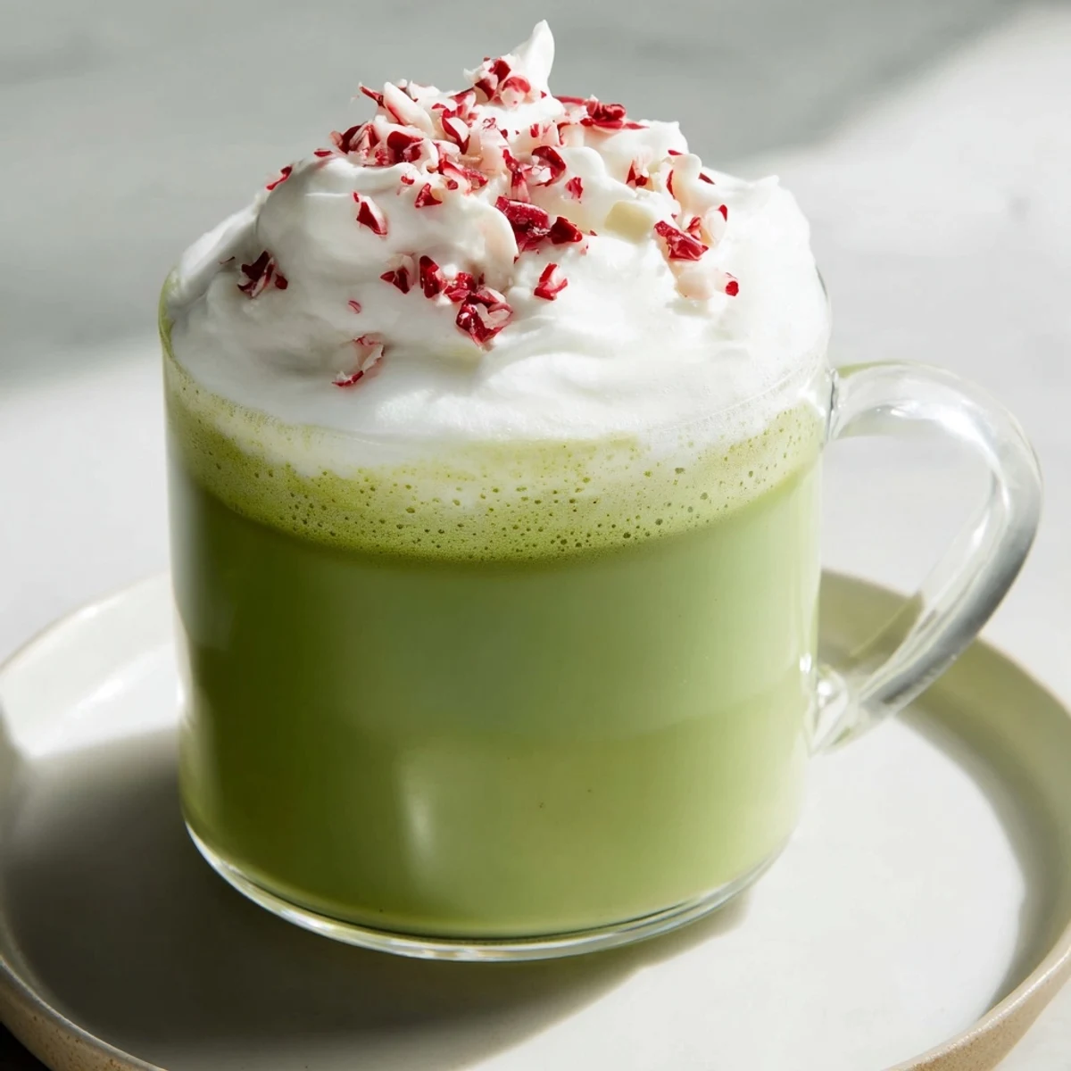 Steaming mug of Cozy Peppermint Matcha Christmas Latte topped with whipped cream and crushed peppermint.