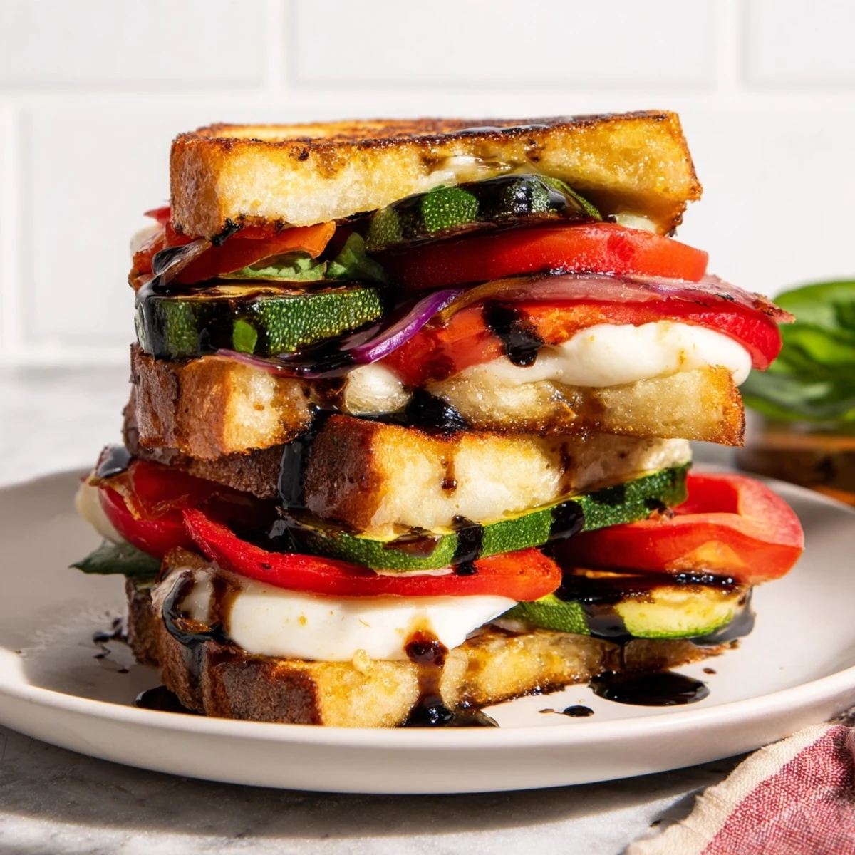 Sheet-pan roasted veggie caprese grilled cheese with golden, bubbly cheese and vibrant roasted vegetables.