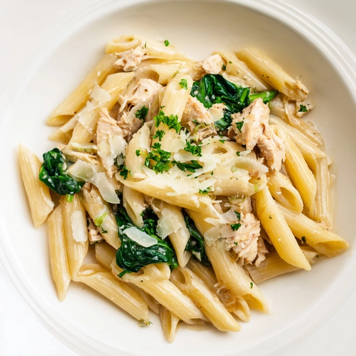 Garnished One-Pot Creamy Spinach & Turkey Christmas Pasta showcasing rich cream sauce and delicious shredded turkey.