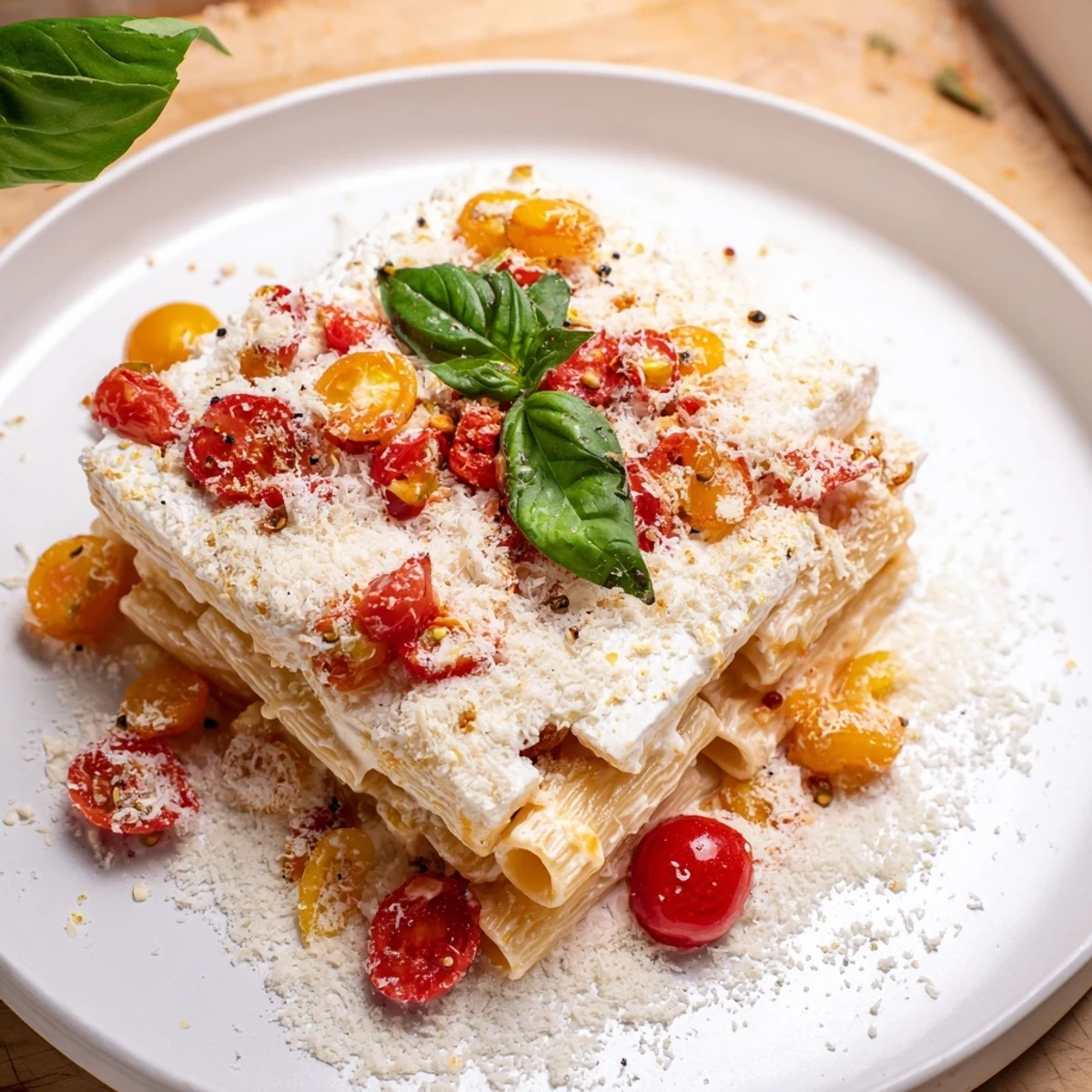 Festive Baked Feta Snowfall Cherry Tomato Christmas Pasta, a vegetarian delight, garnished with fresh basil.