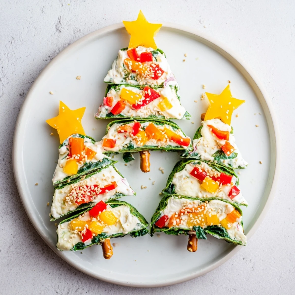 Crispy Air Fryer Christmas Tree Veggie Tortilla Wraps showcase colorful bell peppers and cheese, perfect appetizer.