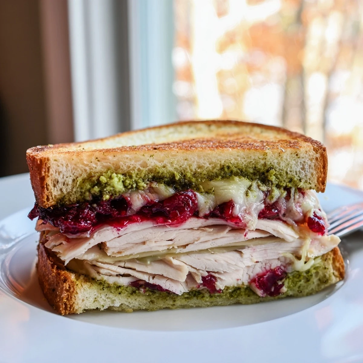 Golden, melted Pesto Cranberry Turkey Grilled Cheese, oozing cheese and ready for a tasty bite.
