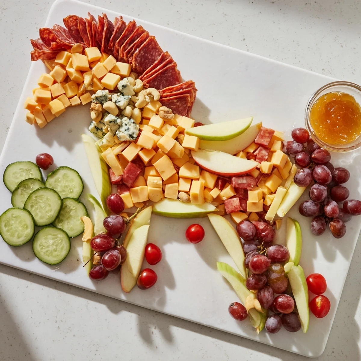 Horse-Shaped Grazing Board brimming with a colorful assortment of cheeses, meats, fruits, and crackers for a fun appetizer.