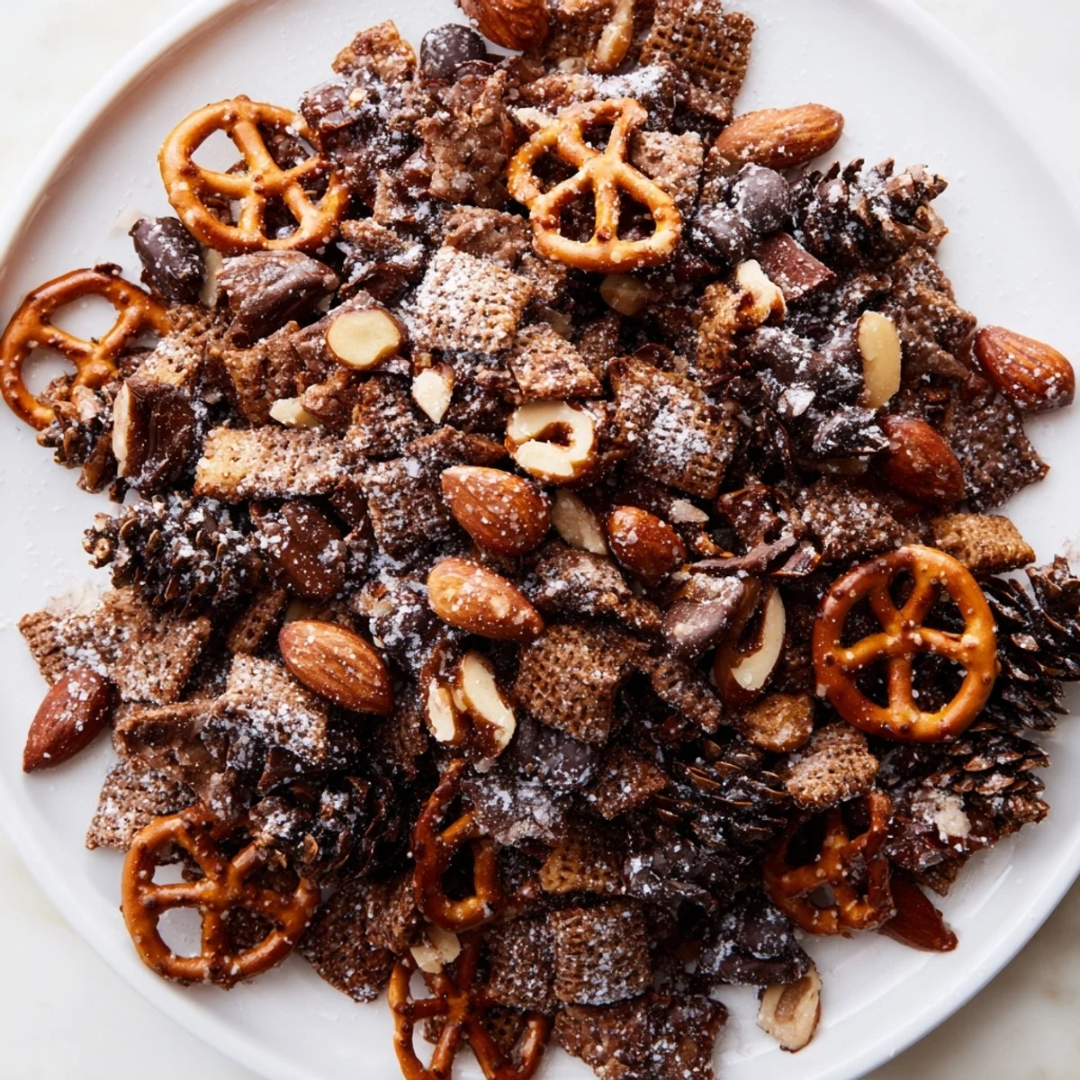 Sweet and crunchy Festive Pine Cone Snack Mix with powdered sugar, perfect for a winter snack.