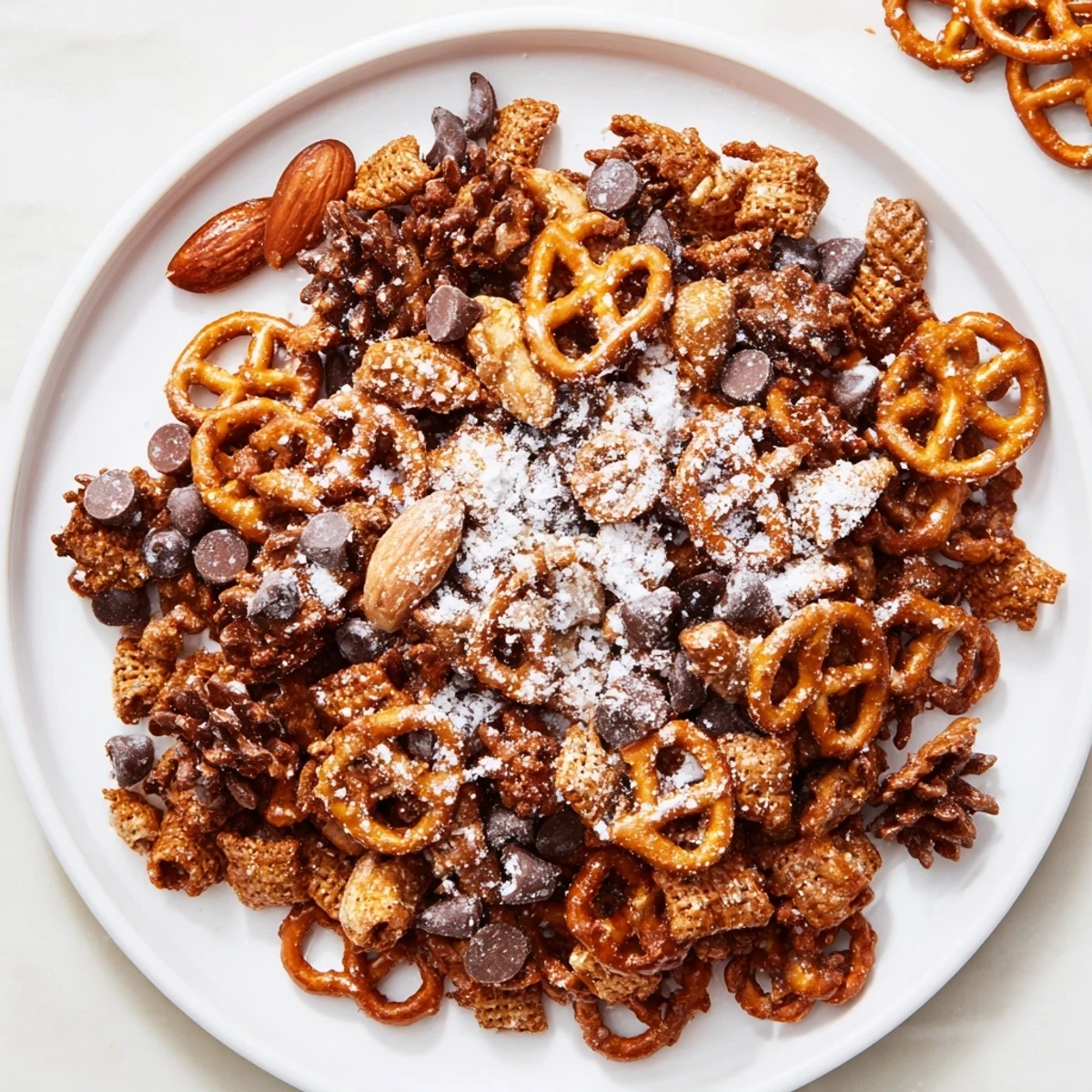 Golden-brown Festive Pine Cone Snack Mix piled high, ready to be served at your party.
