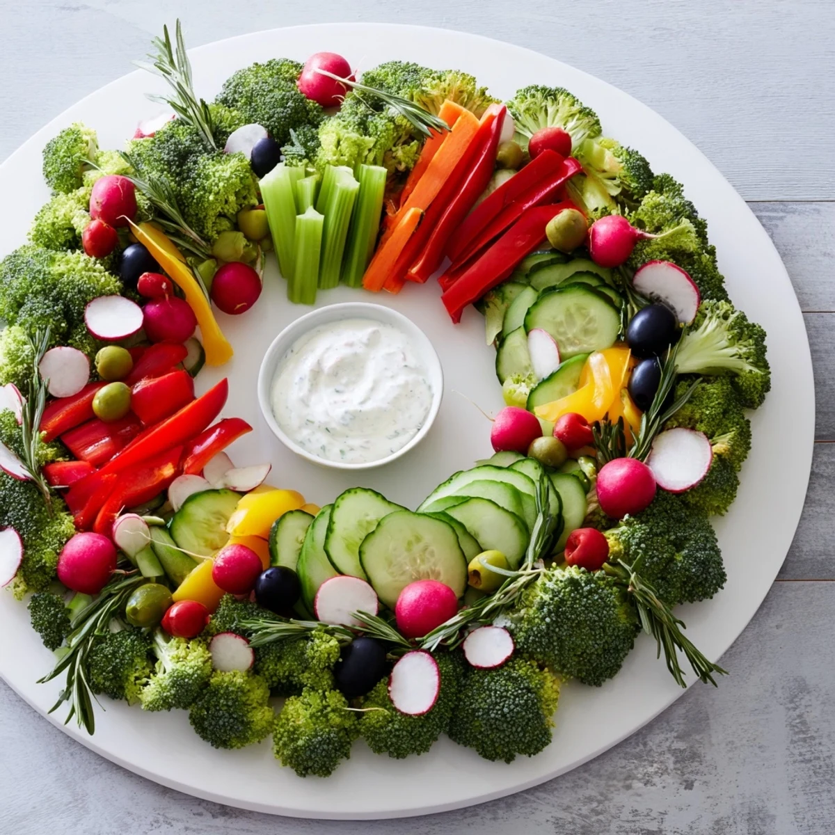 Vibrant Wreath Veggie Dip Platter: a ring of crisp vegetables encircles a bowl of creamy dip.