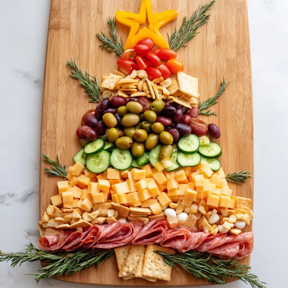 A vibrant Christmas Tree Snack Board overflowing with colorful cheese, meats, and fruit, ready to serve.